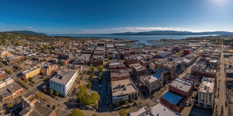 Fototapeta premium Stunning Aerial Panorama of Bellingham WA: A Bright Waterfront Cityscape Embraced by Nature