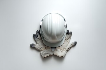 White safety helmet and dirty gloves on white background
