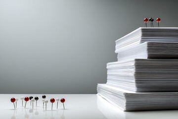 A minimalist still life image featuring a stack of white paper on a gray desk, with a few red and black pushpins on top, symbolizing the importance of organizing tasks and paperwork