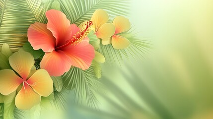 Obraz premium Tropical Hibiscus Flowers with Green Leaves. (1)