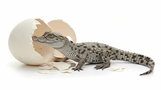 Baby Crocodile Hatching from Egg - A newly hatched baby crocodile emerges from a cracked eggshell. The crocodile is small and its scales are visible