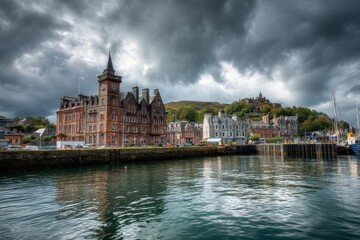 Fototapeta premium Architectural Beauty of Oban: A Scenic Port Embracing Island and Sea Views in Scotland