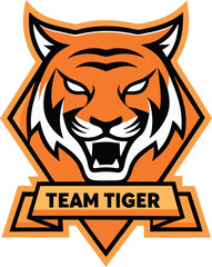 Obraz premium Fierce tiger head logo design with shield emblem and ribbon banner for professional team branding