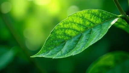 Close-up of a vibrant green leaf with visible veins on a blurred nature background.
