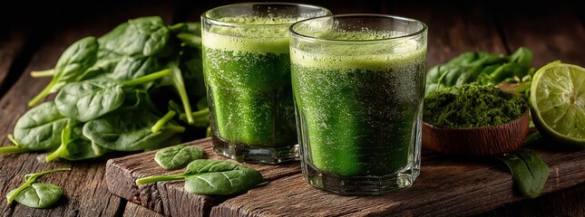 Two glasses of fresh green smoothie with spinach on a rustic wooden surface, perfect for promoting healthy eating and plant-based lifestyle concepts