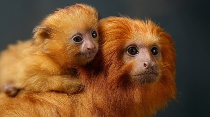 Vibrant Golden Lion Tamarin Holding Baby, Showcasing Alert Expression in the Heart of Brazil's Endangered Wildlife