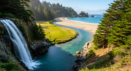 Water cascading down a waterfall into a river, winding through a wide grassy plain and leading to a beach with soft
