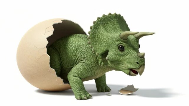 Baby Triceratops Hatching from Egg - A cute, cartoon-style baby Triceratops dinosaur emerges from a cracked eggshell. The scene is set against a clean white background