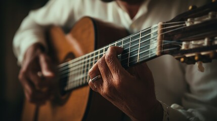 Obraz premium Intimate Close-Up of a Musician in a Shirt Skillfully Playing Fingerstyle Guitar at a Jazzy Concert