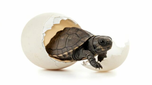 Baby Turtle Hatching from Egg - A newly hatched baby turtle emerges from its broken eggshell. The small reptile is seen climbing out of the white shell against a white background.  The video highlight