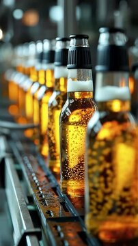 Bottles of beer are lined up on a conveyor belt in a brewery, filled with golden liquid and bubbles, ready for packaging.