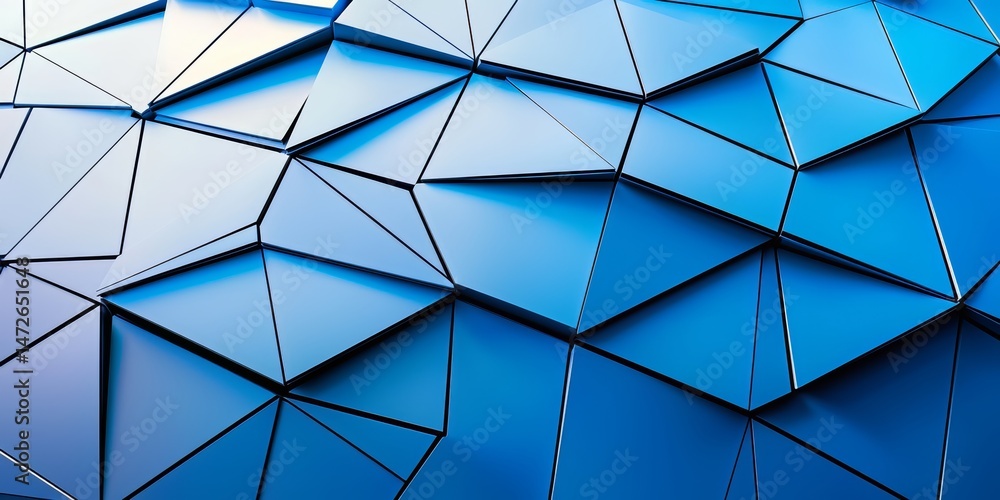 Poster blue background with many triangles. the triangles are of different sizes and are arranged in a way 