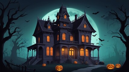 Dark Spooky Halloween Landscape with Scary House, Pumpkins, Flying Bats and Moonlight – Perfect for Holiday Themes.