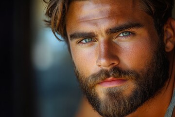 Obraz premium Young man with striking blue eyes and beard posing confidently in a natural light setting during daytime