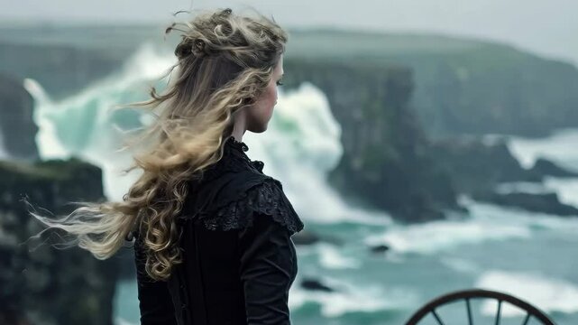 Enchanting maritime scene: woman near ocean, rhythmic waves, romantic ambiance, neoclassical influence, baroque refinement, rococo sophistication, medieval echoes, artistic expression serene elegance.