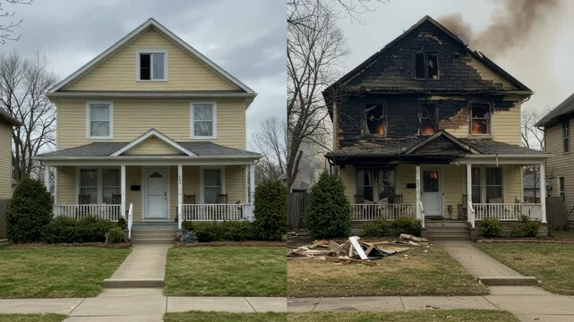 Before and After House Fire Damage - A split video showing the same house before and after a devastating fire. The left side depicts a pristine yellow house