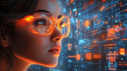 Fototapeta premium Woman with futuristic glasses, intrigued by digital data