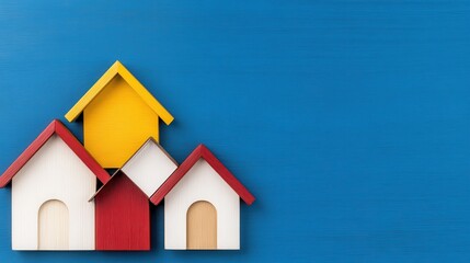 Yellow Miniature House Leading a Row of Smaller Homes on Blue