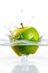 Green apple in water with splash.  Refreshing fruit with a bright, clean, and crisp composition.
