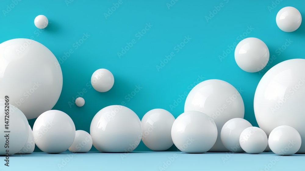 Poster blue background with white spheres of various sizes. the spheres are arranged in a way that creates 