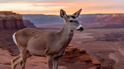 A deer standing tall in front of scenic canyon landscape with red rocks