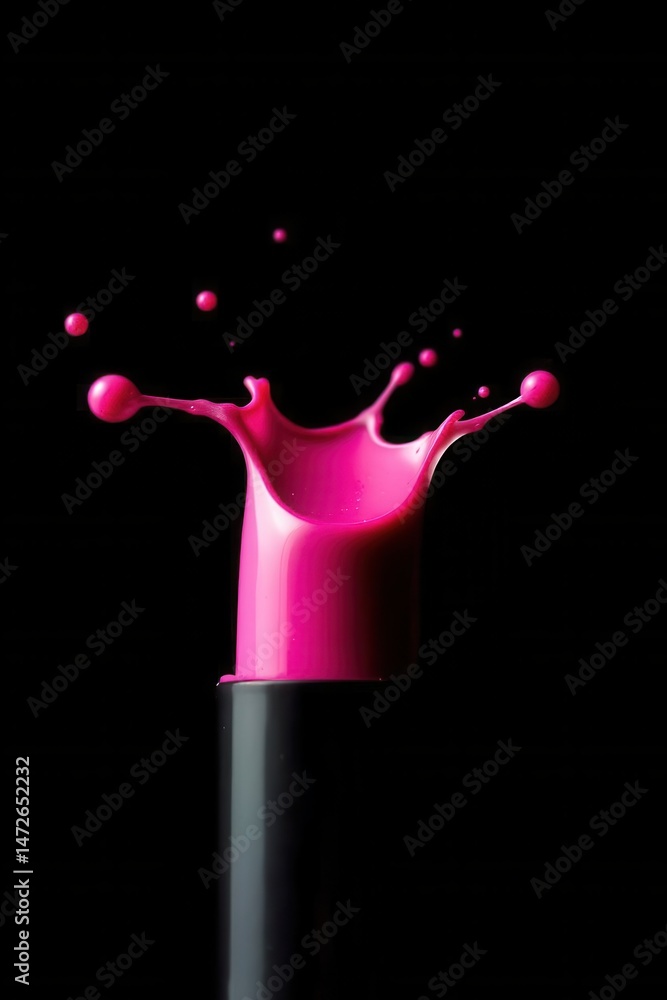 Poster frozen motion of bright pink liquid exploding from a container against a dark background. bold and d