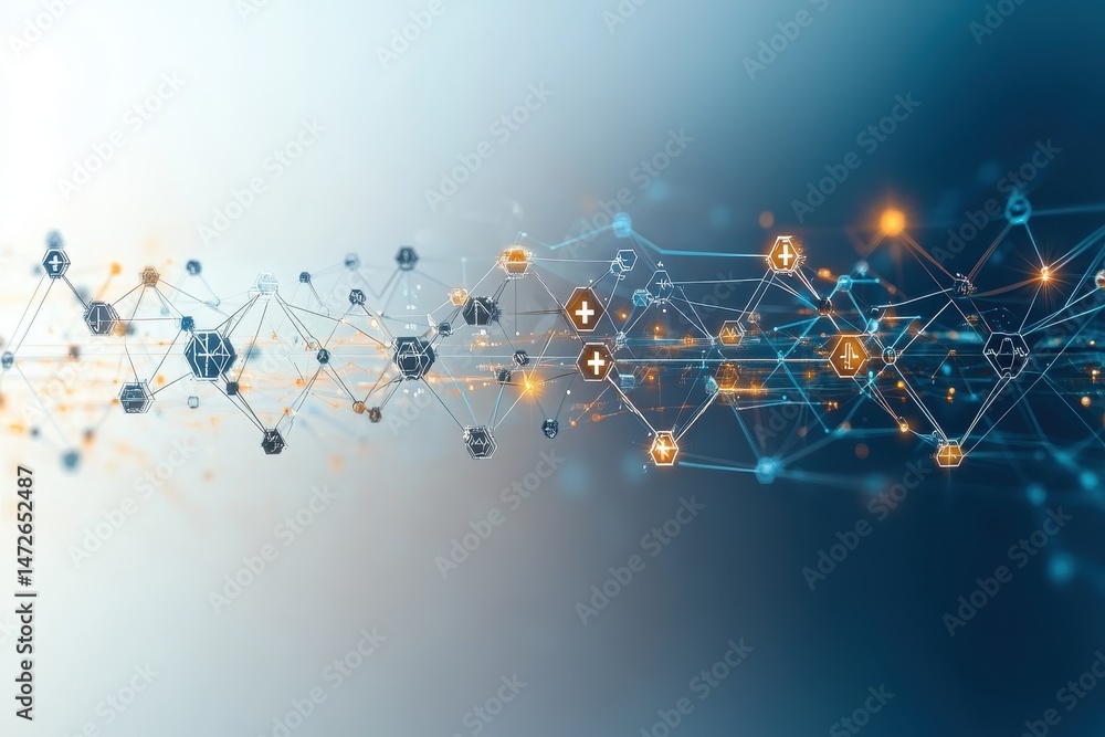 Poster connectivity extends across a futuristic network of nodes and data points represented in a digital l