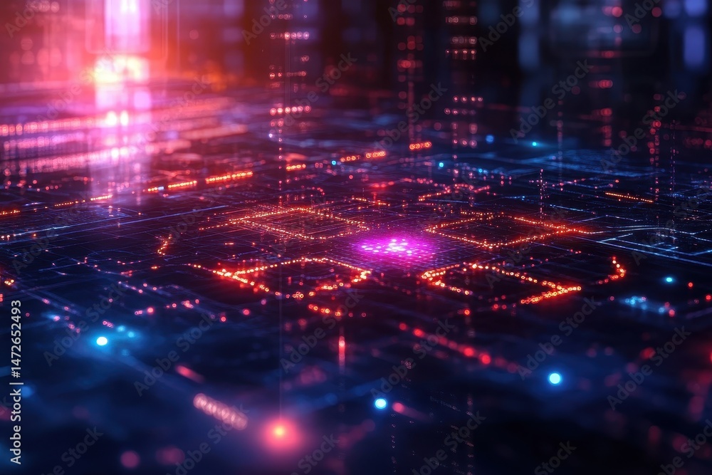 Poster digital network visualization showcasing vibrant colors and geometric patterns in a futuristic setti