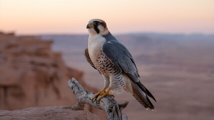 Fototapeta premium A majestic falcon perched on a branch against a blurred natural background. The falcon's feathers exhibit a blend of colors, its gaze is focused.