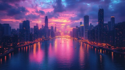 Fototapeta premium Vibrant cityscape reflecting sunset hues over a river.