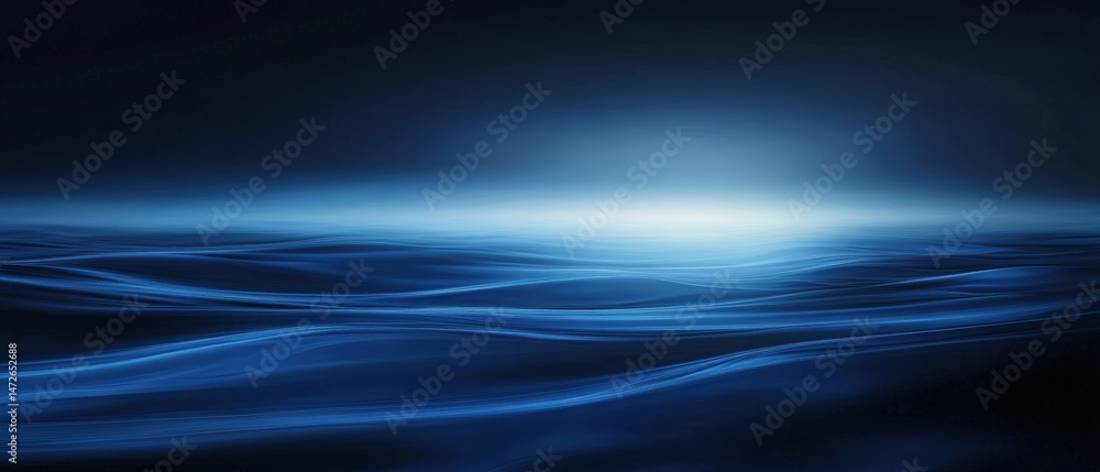 Poster abstract blue light waves flowing across dark background with dynamic motion and smooth glowing line