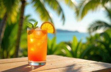 A glass of orange cocktail and a sprig of mint sits on a table with a tropical resort in the background