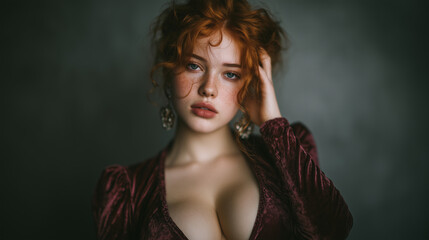 A portrait of an extremely beautiful and feminine woman with curly red hair wearing a dark burgundy velvet robe, a very round face shape, rosy cheeks, soft skin, large heart-shaped lips, 