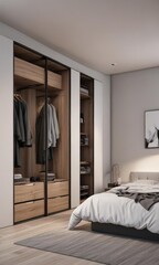 Sleek modern bedroom with walk-in closet, minimalist decor ,  sophisticated,  stylish,  aesthetic