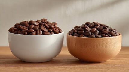 Two White Bowls with Coffee Beans on Wooden Table, Minimalist Front View with Copy Space for Cafe or Beverage Branding