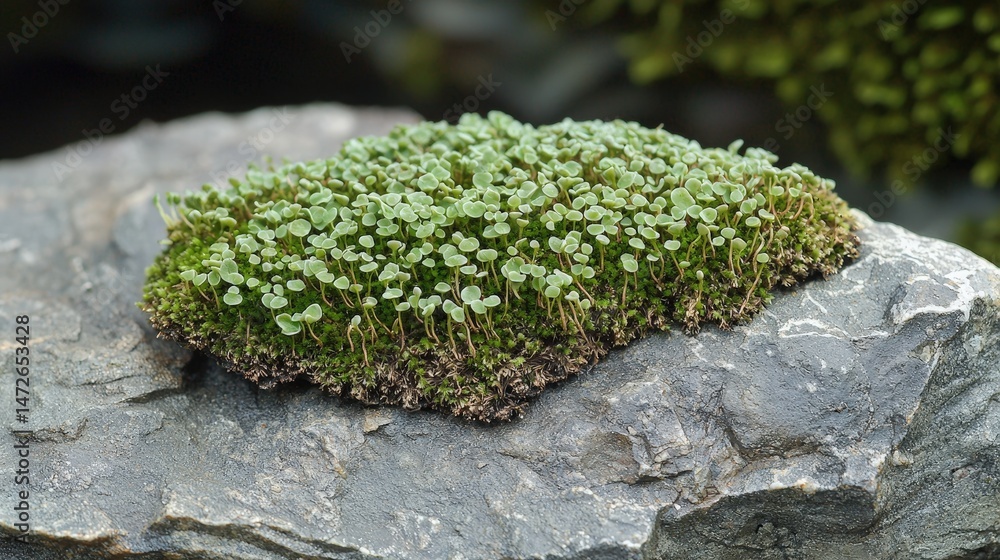 Poster close-up view of a patch of tiny green moss on a gray stone.