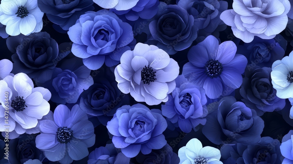 Leinwandbilder blue flower arrangement with many different types of flowers. the flowers are all blue and are arran