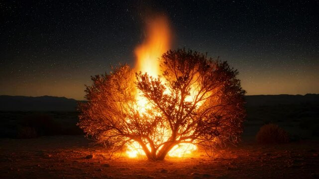 Burning Bush Under Starry Night Sky - A desert shrub is engulfed in flames, creating a dramatic silhouette against a backdrop of a vast
