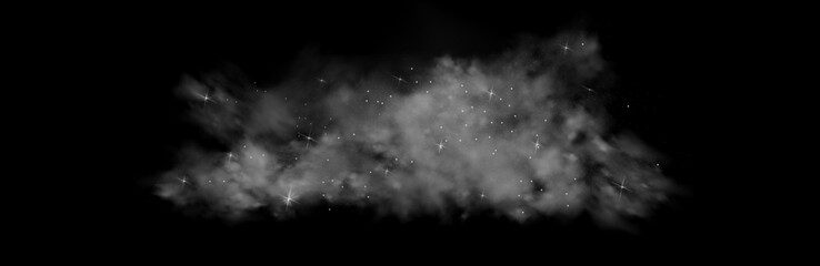 Mystery dark background with glowing particles, stardust, and glittering stars, creating a colorful, ethereal fog. 