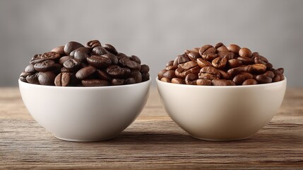 Two White Bowls with Coffee Beans on Wooden Table, Minimalist Front View with Copy Space for Cafe or Beverage Branding