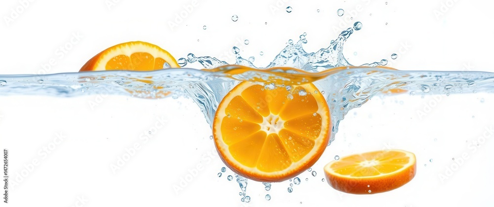Poster oranges splashing into water. a refreshing display of citrus fruit in a clean, clear environment.