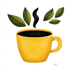 Yellow Mug of Coffee with Green Leaves and Steam