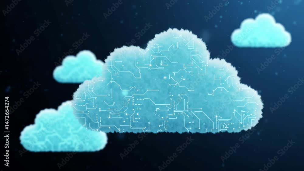 Poster cloud computing network technology - a stylized fluffy cloud with integrated circuit board design ov
