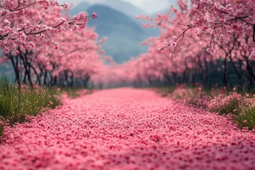 Selbstklebende Fototapeten Blossoming cherry trees create a pink path in an enchanting landscape during springtime © Tanu