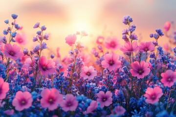 Naklejka premium Vibrant wildflower field at sunset with pink and blue blossoms illuminated by warm sunlight