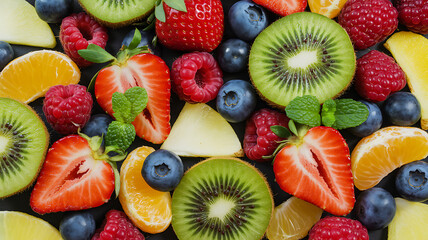 Obraz premium Vibrant Summer Fruit Mix Strawberries, Blueberries, Raspberries, Kiwi, and Mandarin