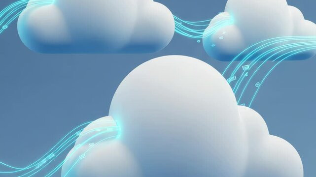 Cloud Computing Network Data Transfer - Abstract 3D animation of stylized clouds connected by glowing blue lines representing data transfer in a cloud computing network. The scene is set against a mut