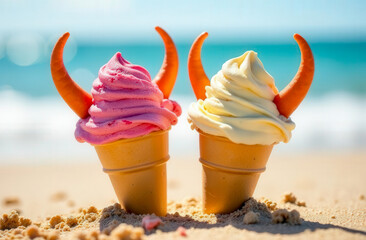 Ice cream cone with demonic horns on the beach