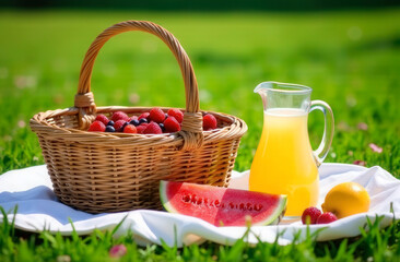 Picnic in nature, basket of berries, watermelon and lemonade on a white mat