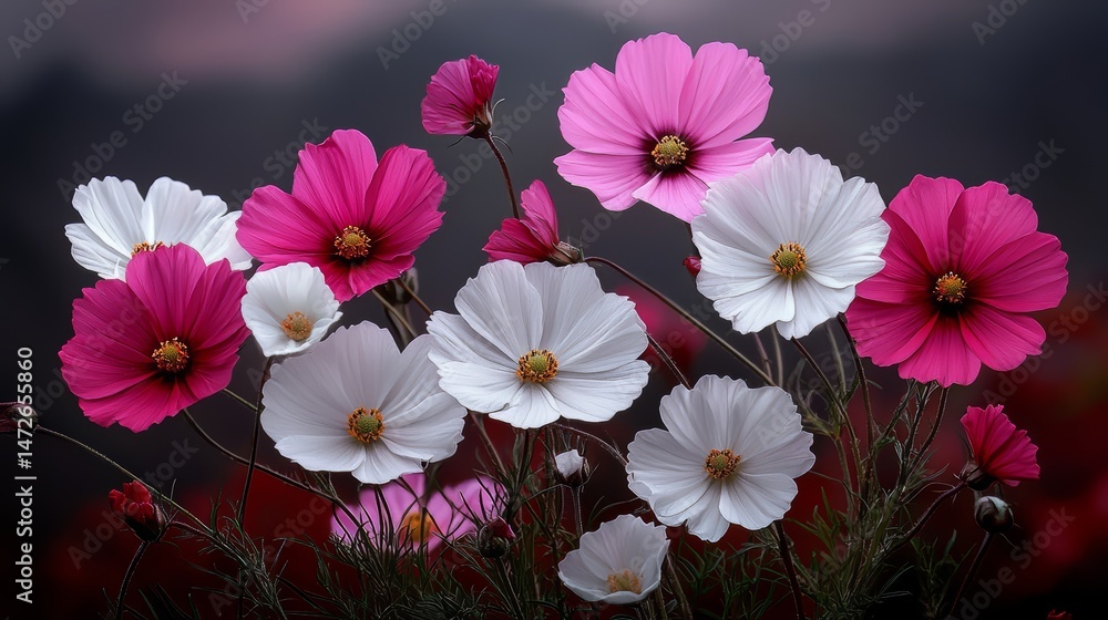 Poster bouquet of flowers with pink and white petals. the flowers are arranged in a vase and are placed on 